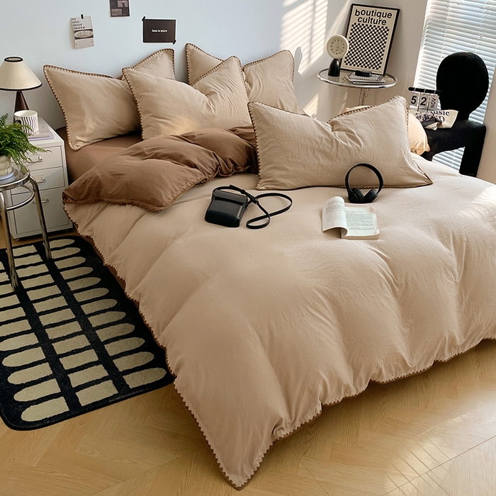 91家纺网 家纺一手货源 找家纺 思诺羽床笠 2025新款水洗棉贝壳边四件套系列 贝壳边+浅卡其+深咖