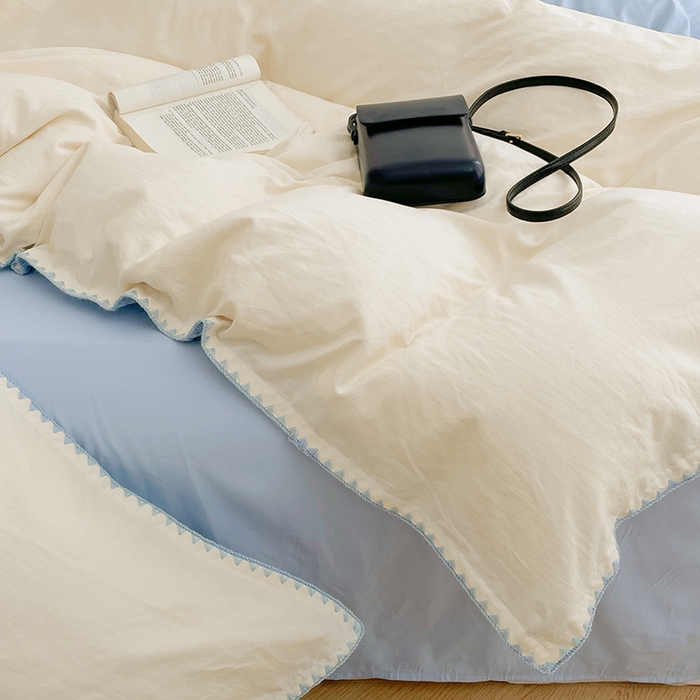 91家纺网 家纺一手货源 找家纺 思诺羽床笠 2025新款水洗棉贝壳边四件套系列 贝壳边+月光白+海盐蓝