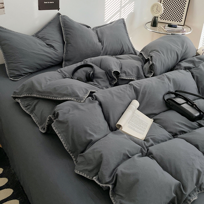 91家纺网 家纺一手货源 找家纺 思诺羽床笠 2025新款水洗棉贝壳边四件套系列 贝壳边+布鲁灰