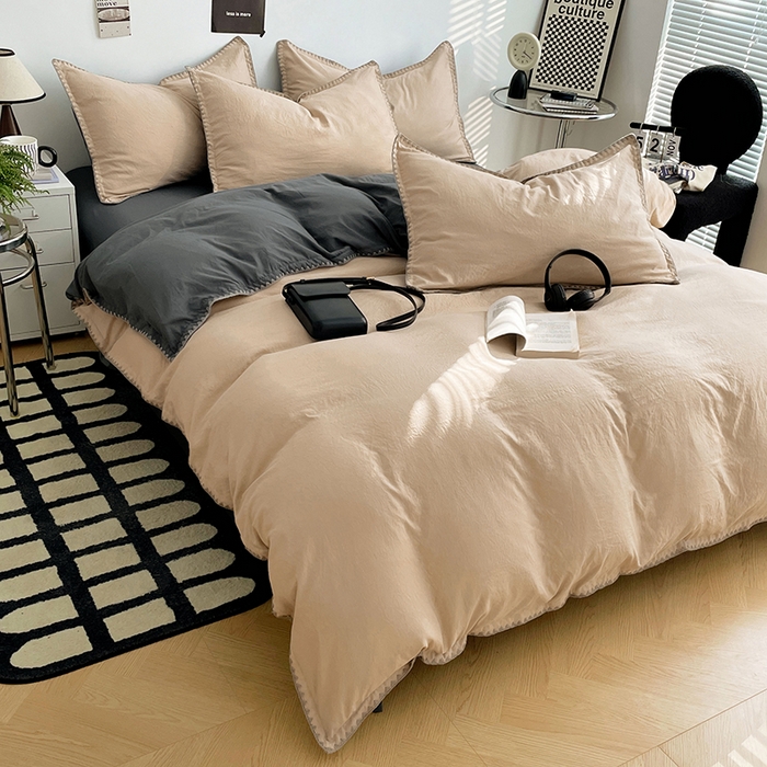 91家纺网 家纺一手货源 找家纺 思诺羽床笠 2025新款水洗棉贝壳边四件套系列 贝壳边+卡其深灰