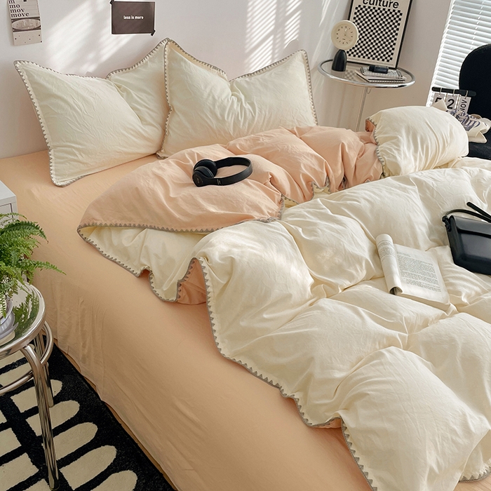 91家纺网 家纺一手货源 找家纺 思诺羽床笠 2025新款水洗棉贝壳边四件套系列 贝壳边-奶油黄+浅米咖