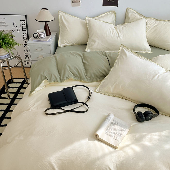 91家纺网 家纺一手货源 找家纺 思诺羽床笠 2025新款水洗棉贝壳边四件套系列 贝壳边-贝壳白+抹茶绿