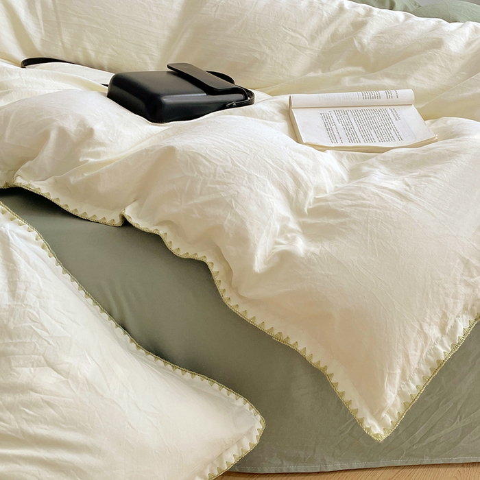 91家纺网 家纺一手货源 找家纺 思诺羽床笠 2025新款水洗棉贝壳边四件套系列 贝壳边-贝壳白+抹茶绿