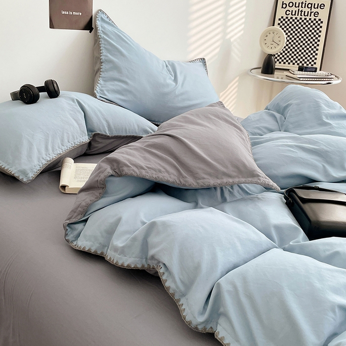 91家纺网 家纺一手货源 找家纺 思诺羽床笠 2025新款水洗棉贝壳边四件套系列 贝壳边-海盐蓝+优雅灰