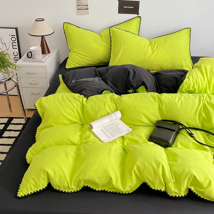 91家纺网 家纺一手货源 找家纺 思诺羽床笠 2025新款水洗棉贝壳边四件套系列 贝壳边+荧光绿+暗夜灰