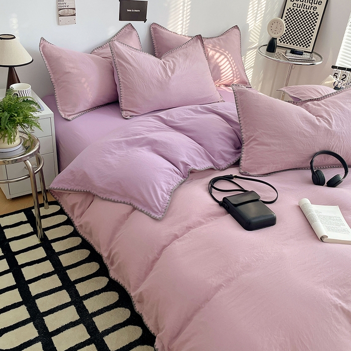 91家纺网 家纺一手货源 找家纺 思诺羽床笠 2025新款水洗棉贝壳边四件套系列 贝壳边-浅紫深紫