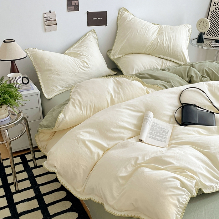 91家纺网 家纺一手货源 找家纺 思诺羽床笠 2025新款水洗棉贝壳边四件套系列 贝壳边-贝壳白+抹茶绿