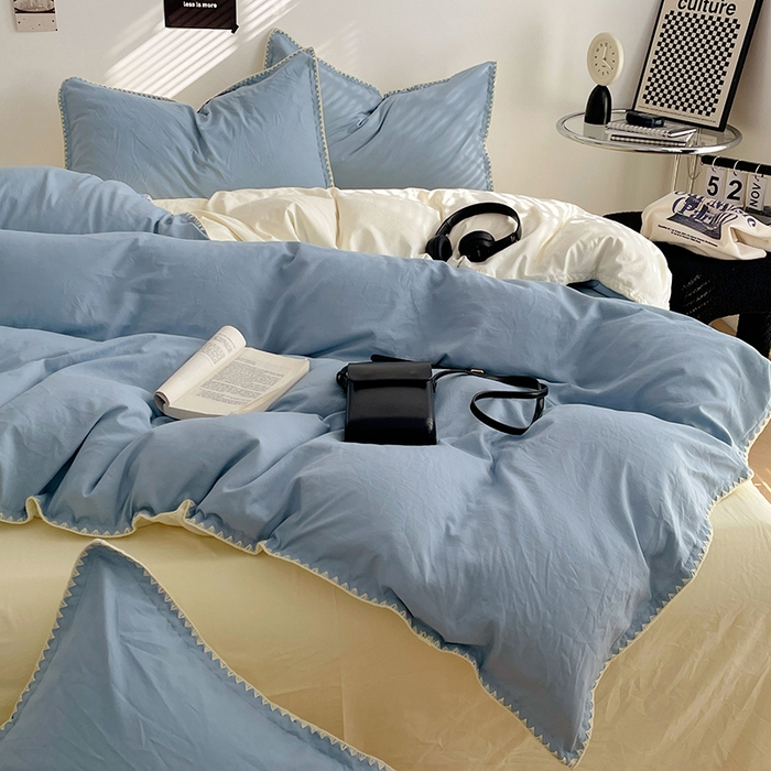 91家纺网 家纺一手货源 找家纺 思诺羽床笠 2025新款水洗棉贝壳边四件套系列 贝壳边-海盐蓝+奶油黄