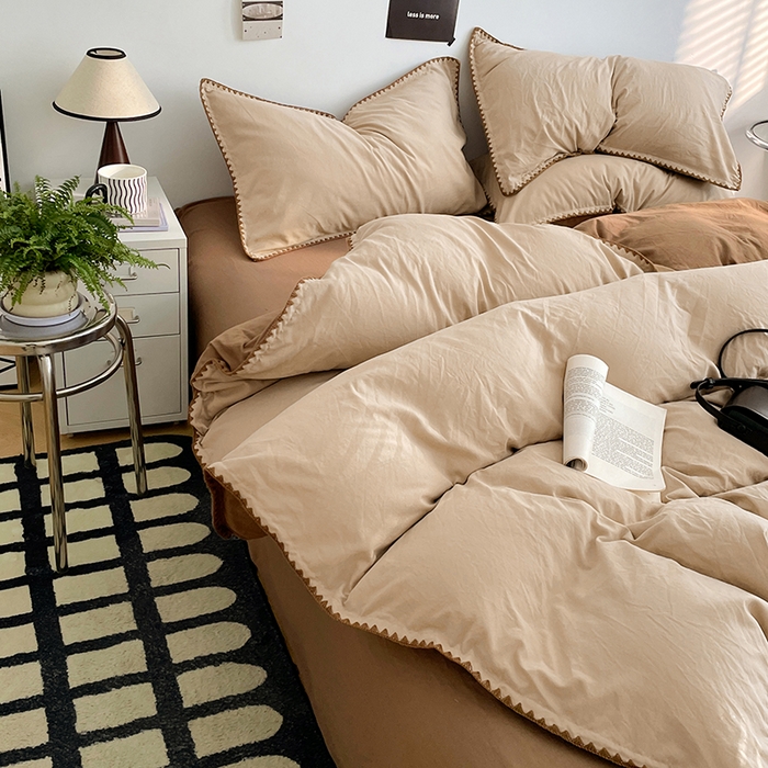 91家纺网 家纺一手货源 找家纺 思诺羽床笠 2025新款水洗棉贝壳边四件套系列 贝壳边+浅卡其+深咖