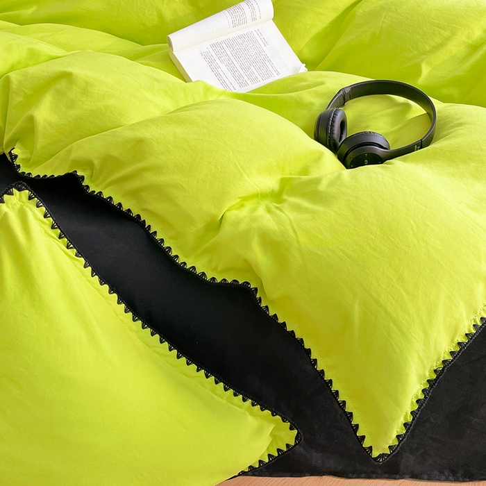 91家纺网 家纺一手货源 找家纺 思诺羽床笠 2025新款水洗棉贝壳边四件套系列 贝壳边+荧光绿+暗夜灰