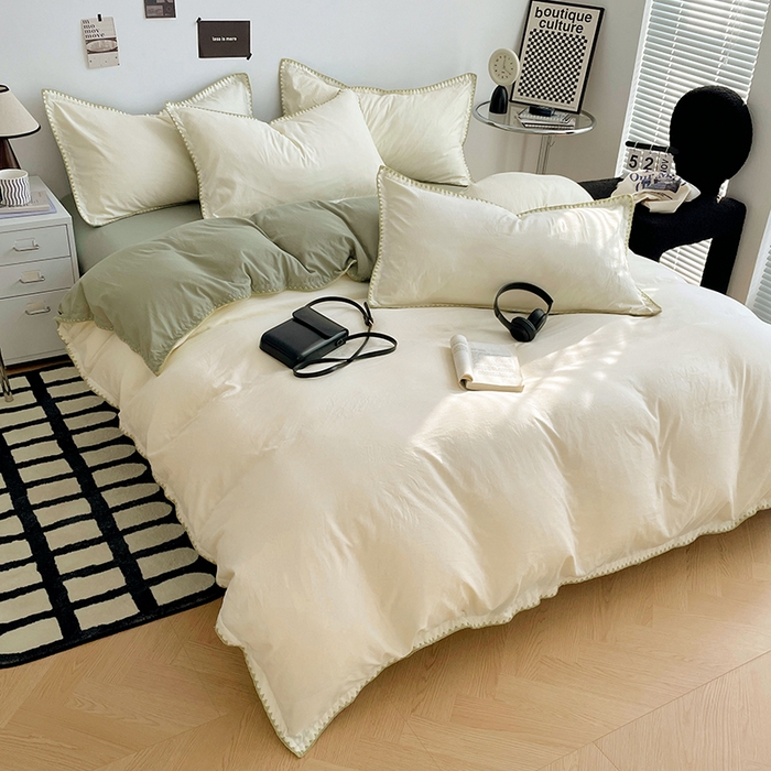 91家纺网 家纺一手货源 找家纺 思诺羽床笠 2025新款水洗棉贝壳边四件套系列 贝壳边-贝壳白+抹茶绿