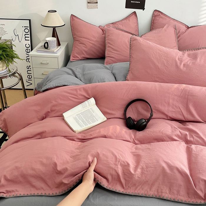 91家纺网 家纺一手货源 找家纺 思诺羽床笠 2025新款水洗棉贝壳边四件套系列 贝壳边-豆沙深灰