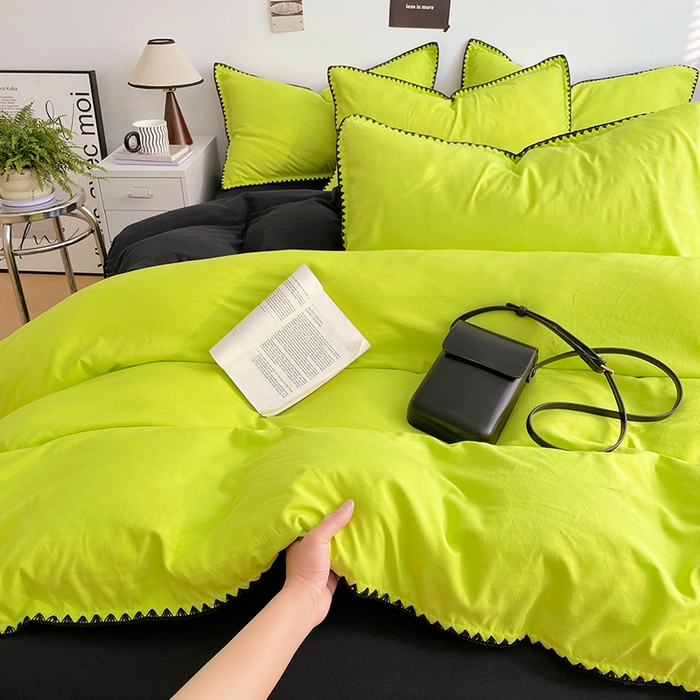 91家纺网 家纺一手货源 找家纺 思诺羽床笠 2025新款水洗棉贝壳边四件套系列 贝壳边+荧光绿+暗夜灰