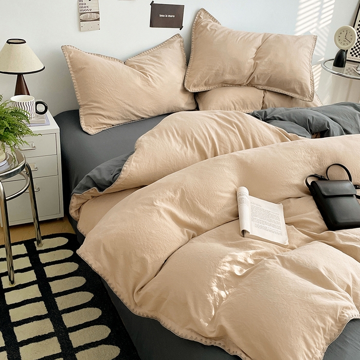 91家纺网 家纺一手货源 找家纺 思诺羽床笠 2025新款水洗棉贝壳边四件套系列 贝壳边+卡其深灰