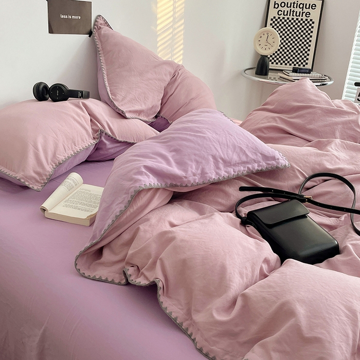 91家纺网 家纺一手货源 找家纺 思诺羽床笠 2025新款水洗棉贝壳边四件套系列 贝壳边-浅紫深紫