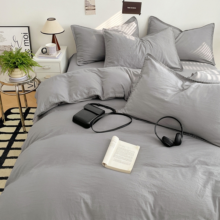 91家纺网 家纺一手货源 找家纺 思诺羽床笠 2025新款水洗棉贝壳边四件套系列 贝壳边+流光灰