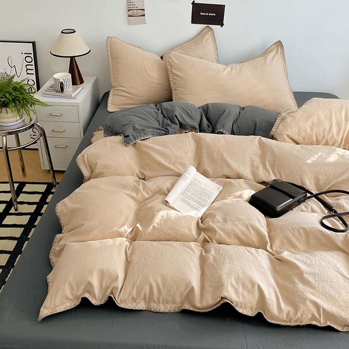 91家纺网 家纺一手货源 找家纺 思诺羽床笠 2025新款水洗棉贝壳边四件套系列 贝壳边+卡其深灰