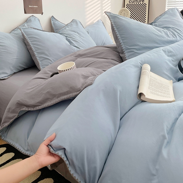 91家纺网 家纺一手货源 找家纺 思诺羽床笠 2025新款水洗棉贝壳边四件套系列 贝壳边-海盐蓝+优雅灰