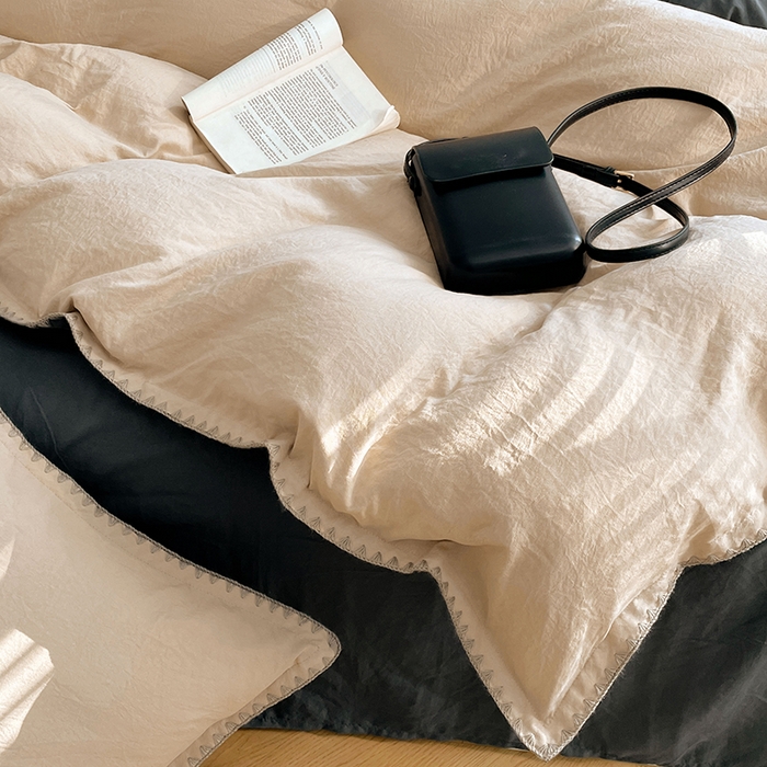 91家纺网 家纺一手货源 找家纺 思诺羽床笠 2025新款水洗棉贝壳边四件套系列 贝壳边+卡其深灰