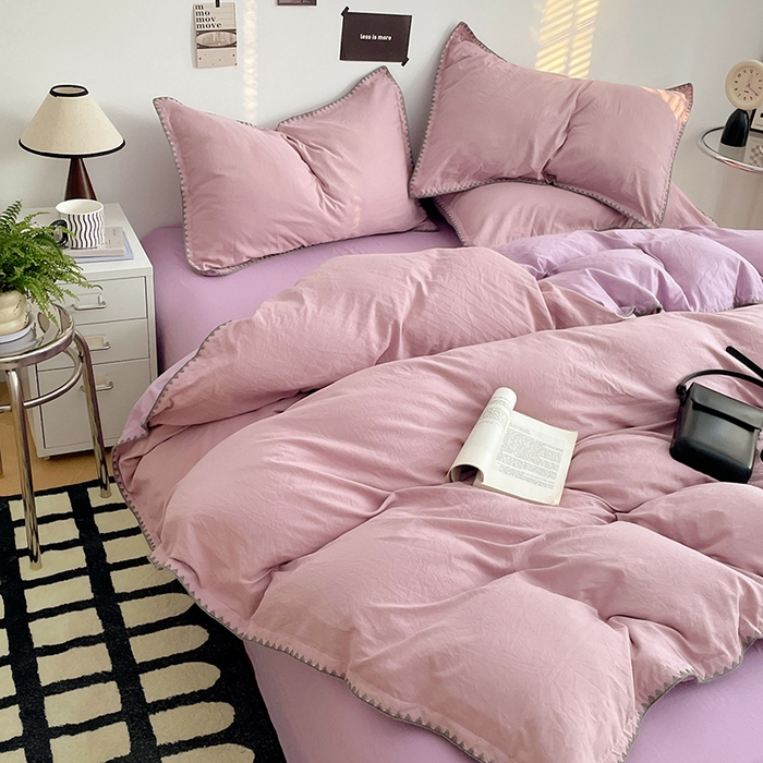 91家纺网 家纺一手货源 找家纺 思诺羽床笠 2025新款水洗棉贝壳边四件套系列 贝壳边-浅紫深紫