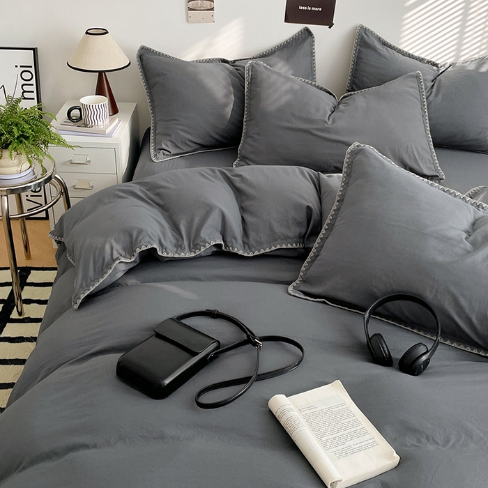 91家纺网 家纺一手货源 找家纺 思诺羽床笠 2025新款水洗棉贝壳边四件套系列 贝壳边+布鲁灰