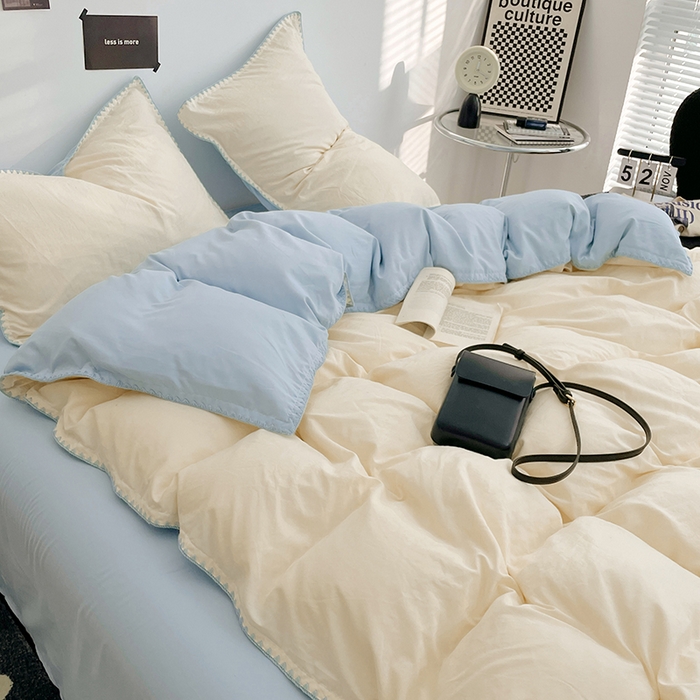 91家纺网 家纺一手货源 找家纺 思诺羽床笠 2025新款水洗棉贝壳边四件套系列 贝壳边+月光白+海盐蓝