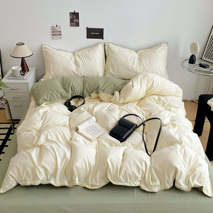 91家纺网 家纺一手货源 找家纺 思诺羽床笠 2025新款水洗棉贝壳边四件套系列 贝壳边-贝壳白+抹茶绿