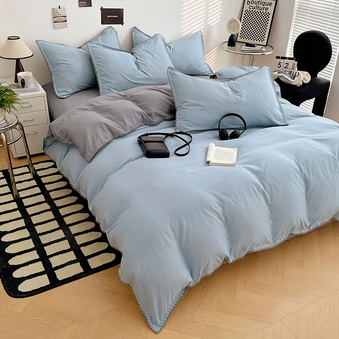 91家纺网 家纺一手货源 找家纺 思诺羽床笠 2025新款水洗棉贝壳边四件套系列 贝壳边-海盐蓝+优雅灰