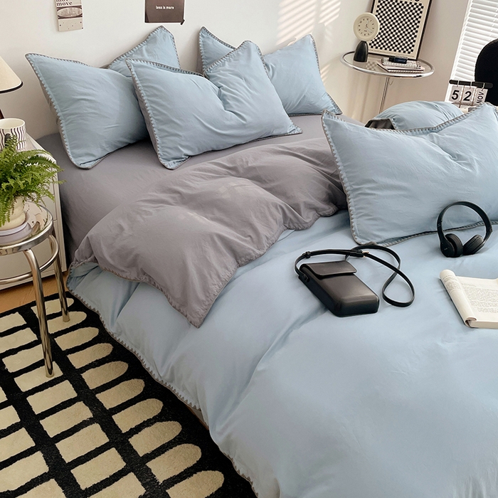 91家纺网 家纺一手货源 找家纺 思诺羽床笠 2025新款水洗棉贝壳边四件套系列 贝壳边-海盐蓝+优雅灰