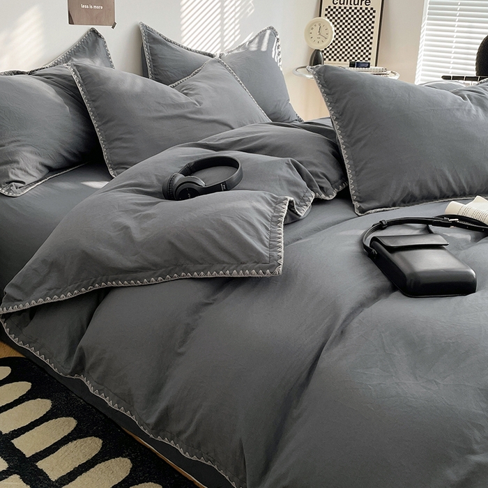 91家纺网 家纺一手货源 找家纺 思诺羽床笠 2025新款水洗棉贝壳边四件套系列 贝壳边+布鲁灰