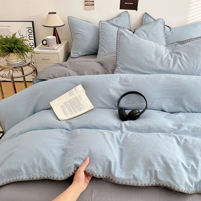 91家纺网 家纺一手货源 找家纺 思诺羽床笠 2025新款水洗棉贝壳边四件套系列 贝壳边-海盐蓝+优雅灰