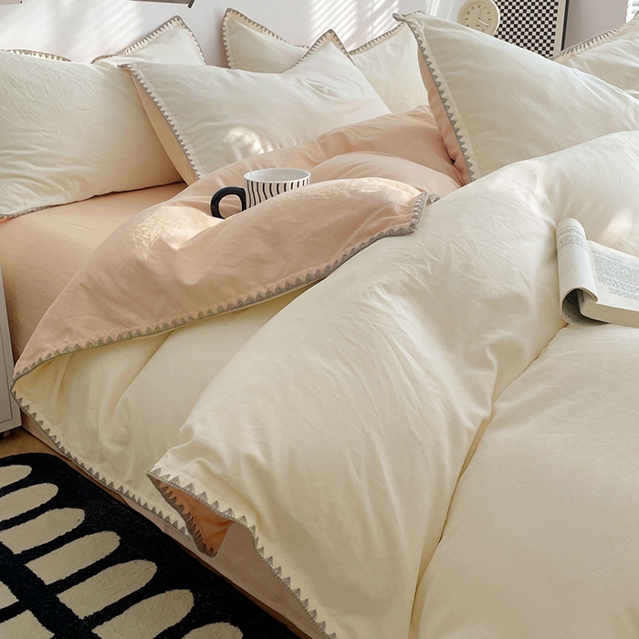 思诺羽床笠 2025新款水洗棉贝壳边四件套系列 贝壳边-奶油黄+浅米咖