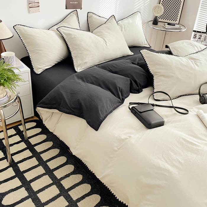 91家纺网 家纺一手货源 找家纺 思诺羽床笠 2025新款水洗棉贝壳边四件套系列 贝壳边+奶油白+暗夜灰