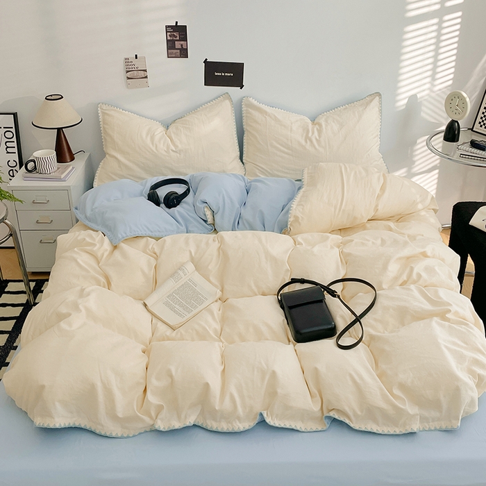 91家纺网 家纺一手货源 找家纺 思诺羽床笠 2025新款水洗棉贝壳边四件套系列 贝壳边+月光白+海盐蓝