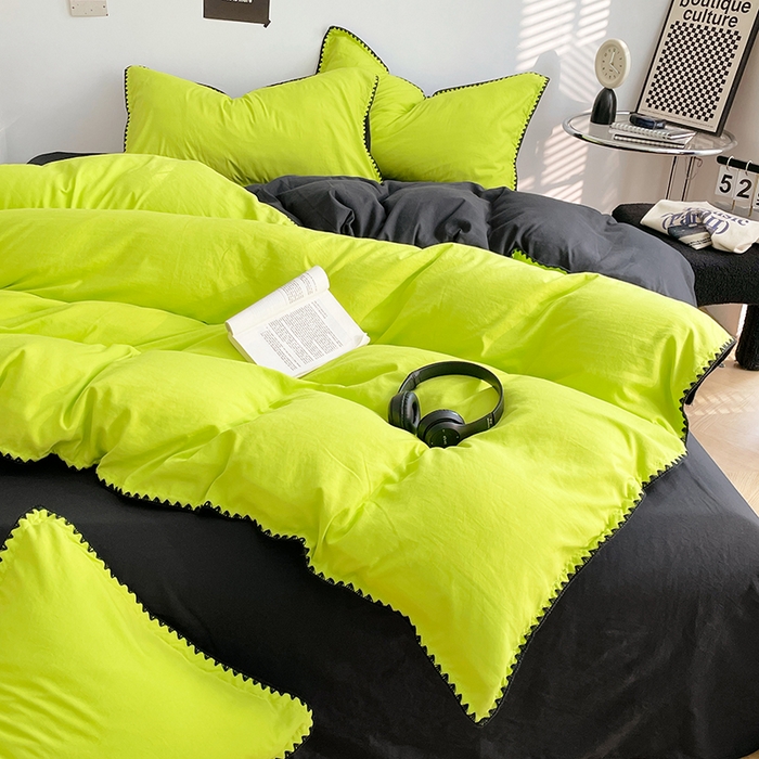 91家纺网 家纺一手货源 找家纺 思诺羽床笠 2025新款水洗棉贝壳边四件套系列 贝壳边+荧光绿+暗夜灰