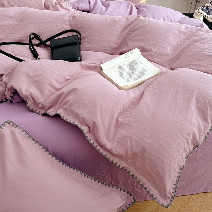 91家纺网 家纺一手货源 找家纺 思诺羽床笠 2025新款水洗棉贝壳边四件套系列 贝壳边-浅紫深紫