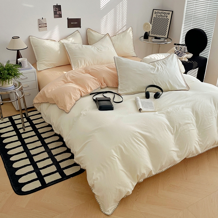 91家纺网 家纺一手货源 找家纺 思诺羽床笠 2025新款水洗棉贝壳边四件套系列 贝壳边-奶油黄+浅米咖