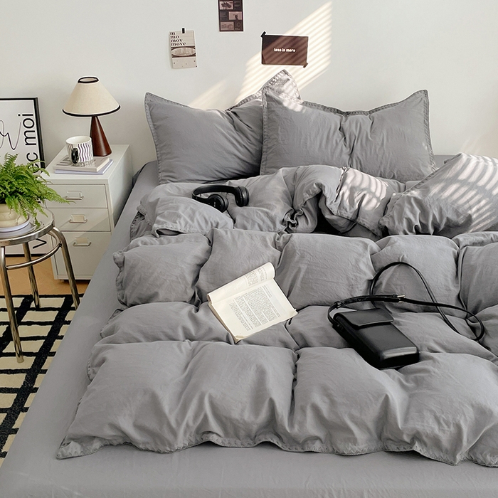 91家纺网 家纺一手货源 找家纺 思诺羽床笠 2025新款水洗棉贝壳边四件套系列 贝壳边+流光灰