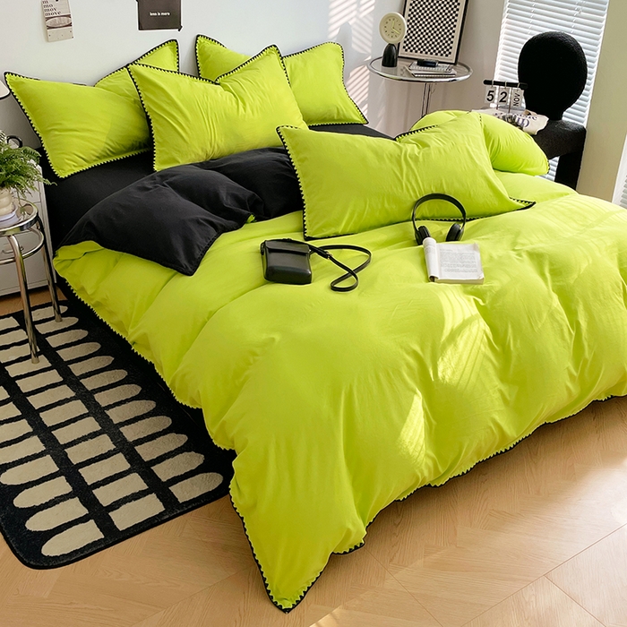 91家纺网 家纺一手货源 找家纺 思诺羽床笠 2025新款水洗棉贝壳边四件套系列 贝壳边+荧光绿+暗夜灰