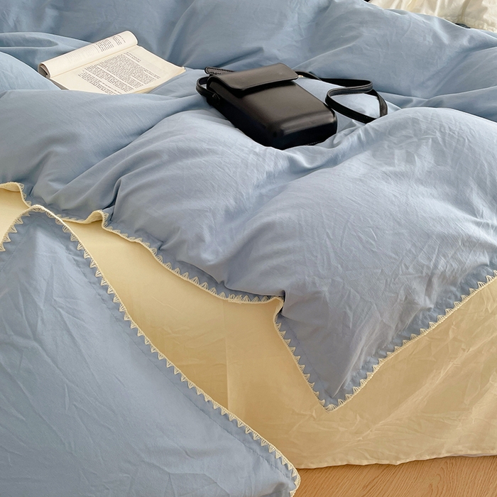 91家纺网 家纺一手货源 找家纺 思诺羽床笠 2025新款水洗棉贝壳边四件套系列 贝壳边-海盐蓝+奶油黄