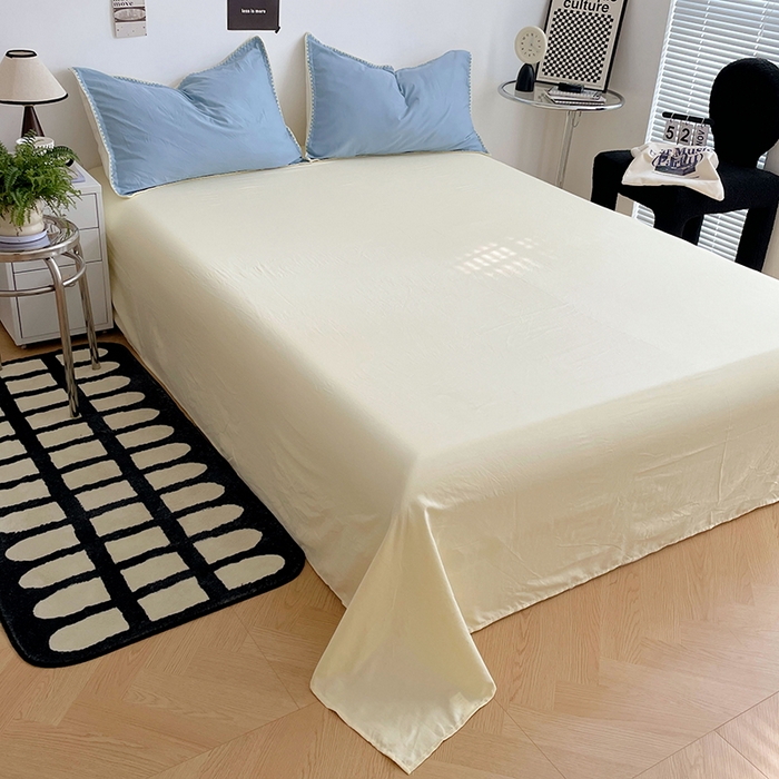 91家纺网 家纺一手货源 找家纺 思诺羽床笠 2025新款水洗棉贝壳边四件套系列 贝壳边-海盐蓝+奶油黄