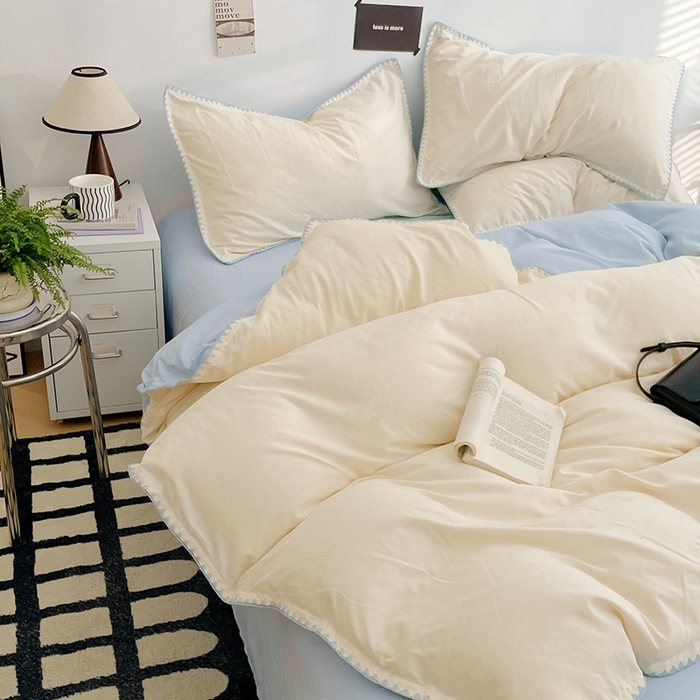 91家纺网 家纺一手货源 找家纺 思诺羽床笠 2025新款水洗棉贝壳边四件套系列 贝壳边+月光白+海盐蓝