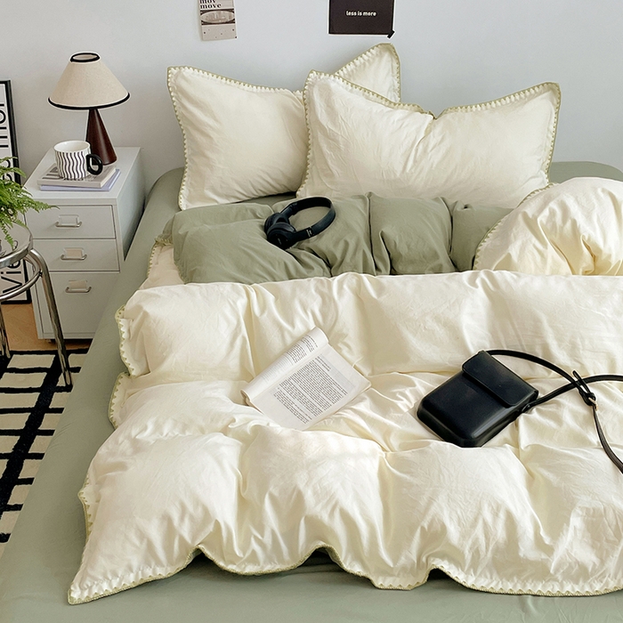 91家纺网 家纺一手货源 找家纺 思诺羽床笠 2025新款水洗棉贝壳边四件套系列 贝壳边-贝壳白+抹茶绿