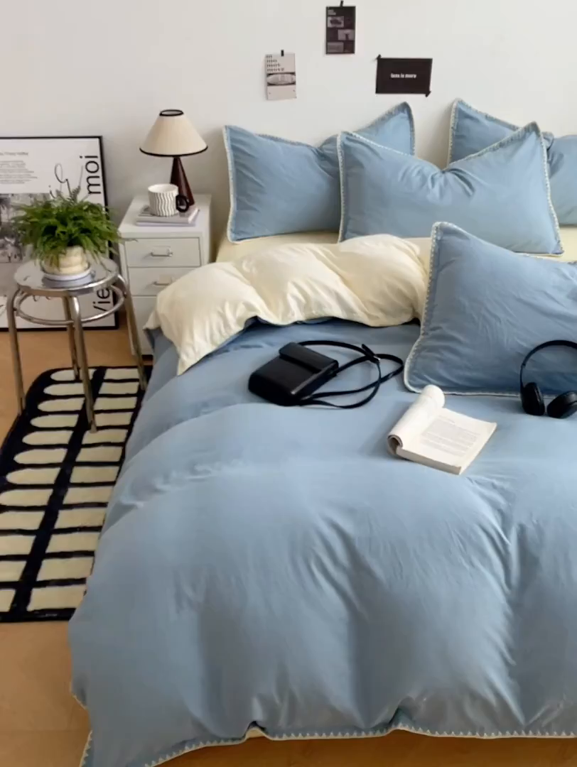 91家纺网 家纺一手货源 找家纺 思诺羽床笠 2025新款水洗棉贝壳边四件套系列 贝壳边-海盐蓝+奶油黄