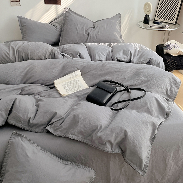 91家纺网 家纺一手货源 找家纺 思诺羽床笠 2025新款水洗棉贝壳边四件套系列 贝壳边+流光灰