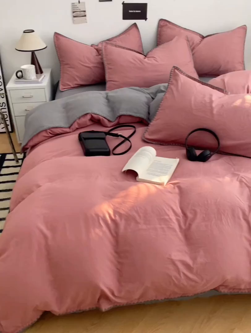 91家纺网 家纺一手货源 找家纺 思诺羽床笠 2025新款水洗棉贝壳边四件套系列 贝壳边-豆沙深灰