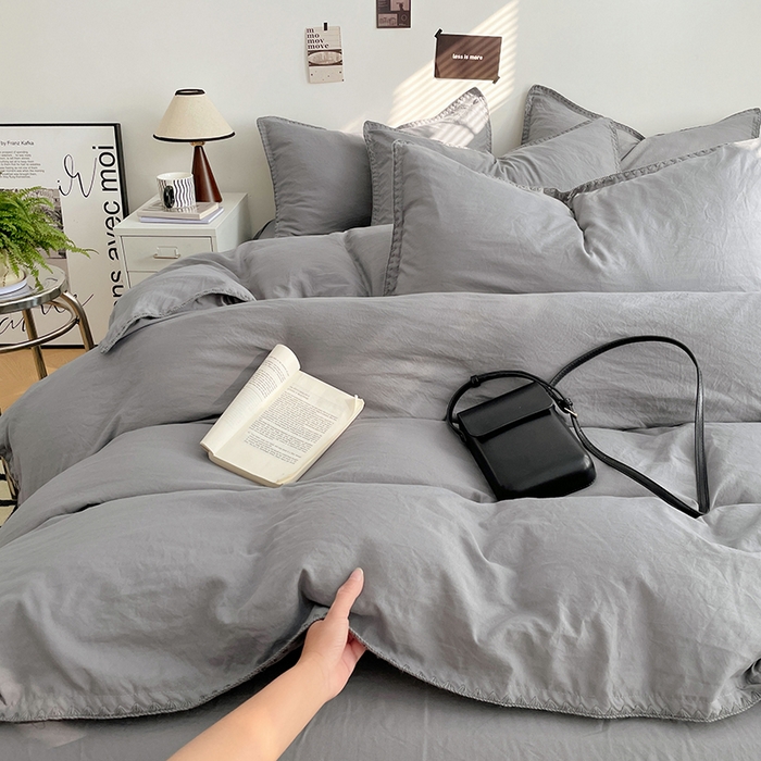 91家纺网 家纺一手货源 找家纺 思诺羽床笠 2025新款水洗棉贝壳边四件套系列 贝壳边+流光灰