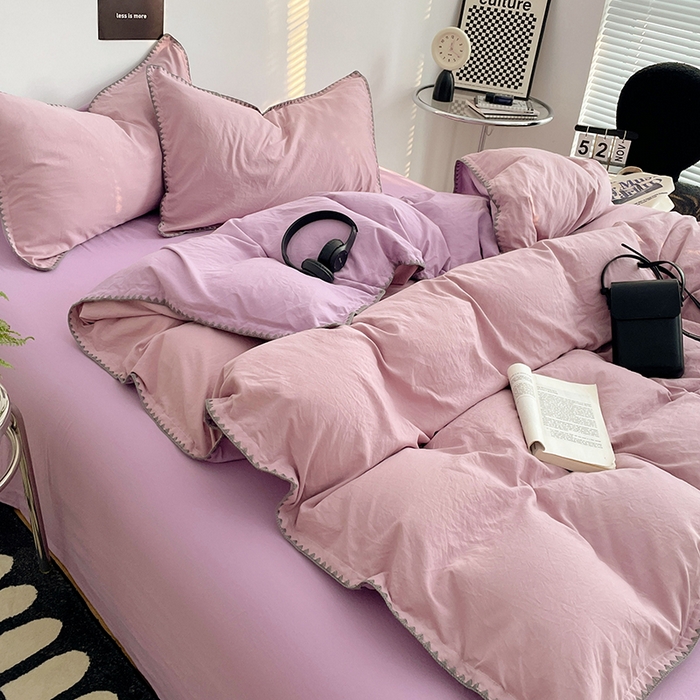 91家纺网 家纺一手货源 找家纺 思诺羽床笠 2025新款水洗棉贝壳边四件套系列 贝壳边-浅紫深紫