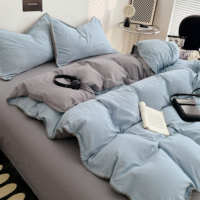 91家纺网 家纺一手货源 找家纺 思诺羽床笠 2025新款水洗棉贝壳边四件套系列 贝壳边-海盐蓝+优雅灰