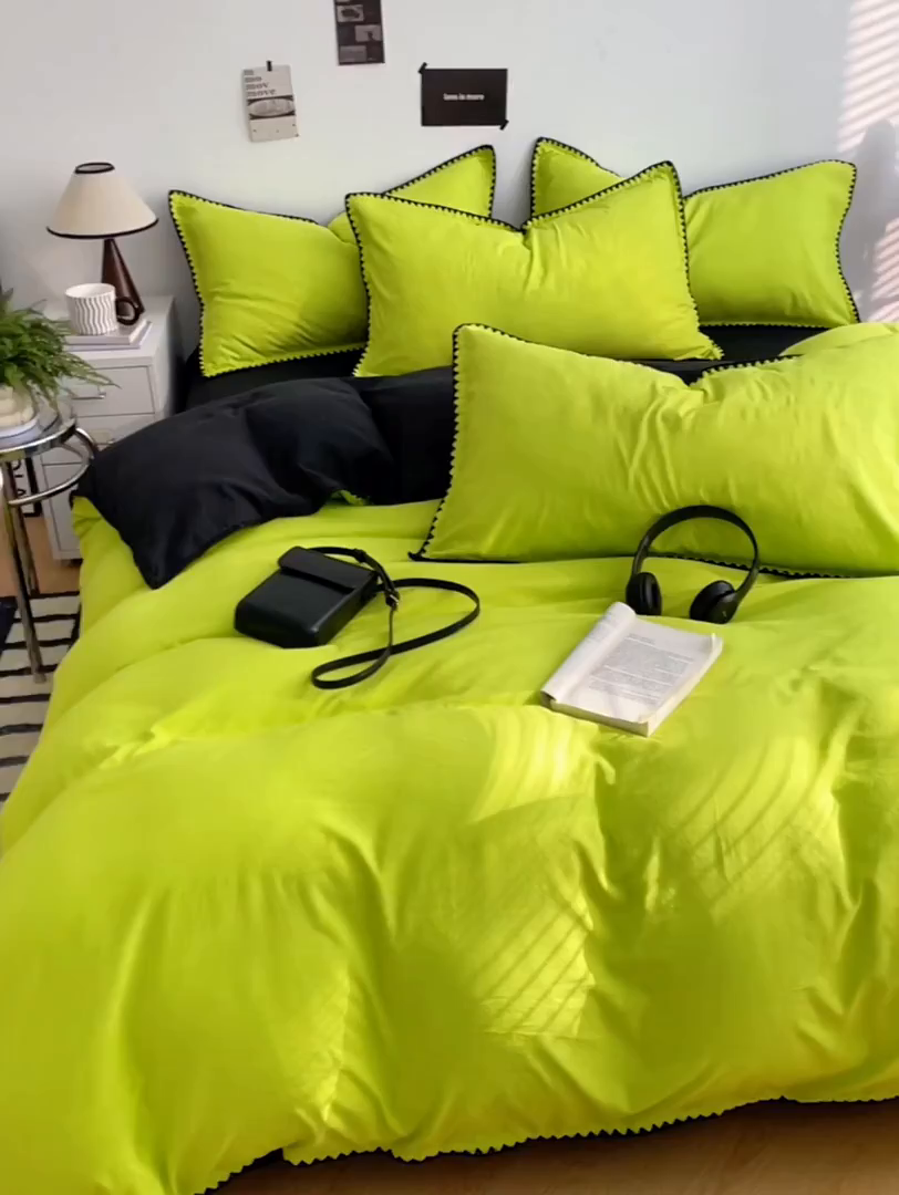 91家纺网 家纺一手货源 找家纺 思诺羽床笠 2025新款水洗棉贝壳边四件套系列 贝壳边+荧光绿+暗夜灰